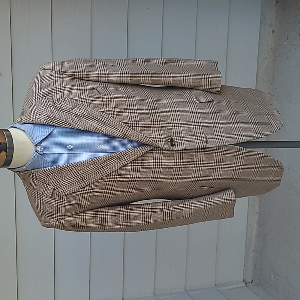 OXXFORD Brown Beige Plaid Weave Wool Blend Sz 42 R L Mens Sport Coat Blazer VTG